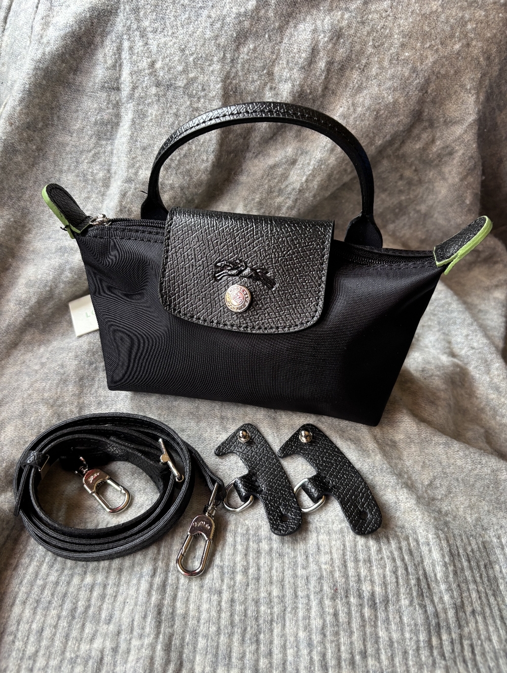 Longchamp Black with green Accent Mini Bag with Removable Strap NWT
